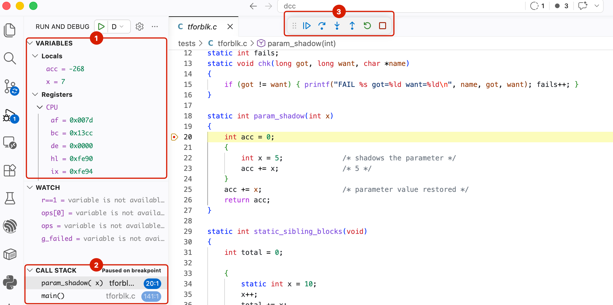 DCC source debugging in VS Code with a breakpoint, local variables, Z80 registers, call stack, and debug controls